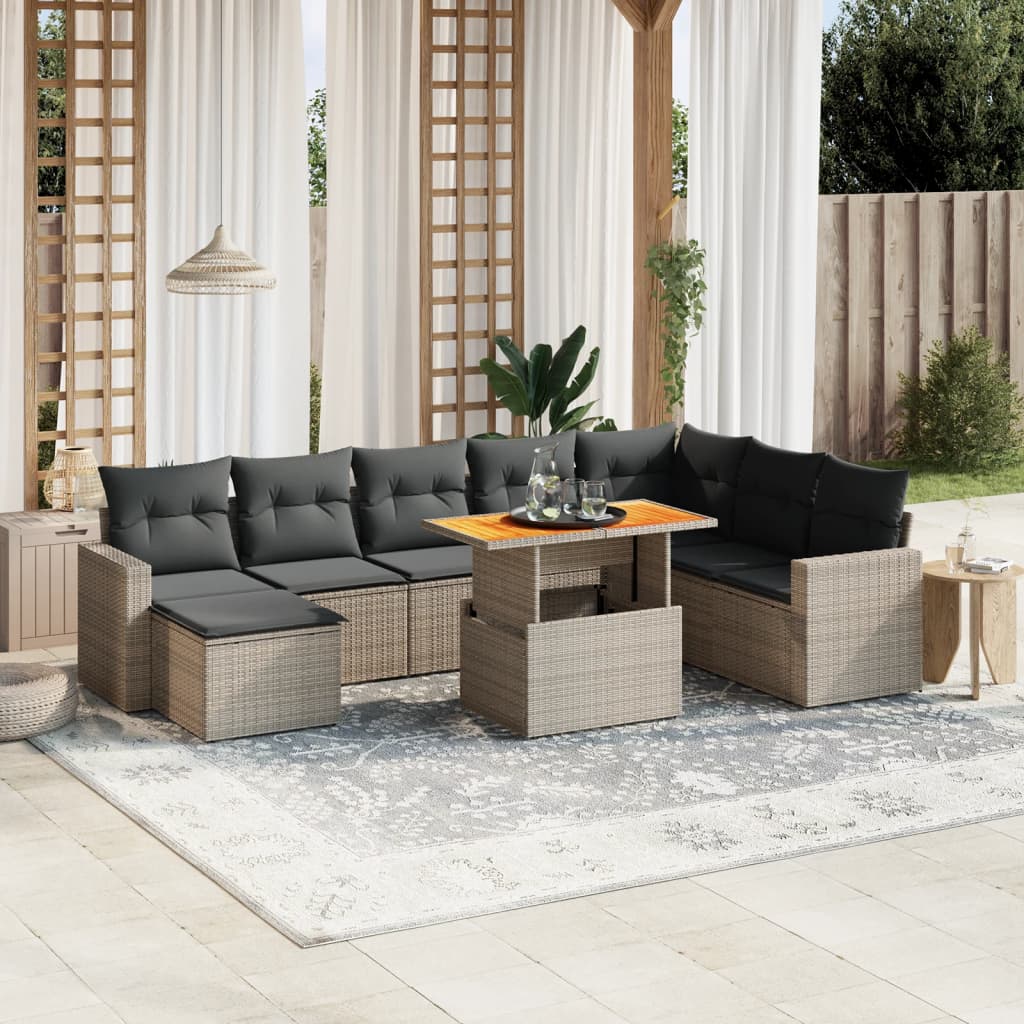 9-tlg. Garten-Sofagarnitur mit Kissen Grau Poly Rattan